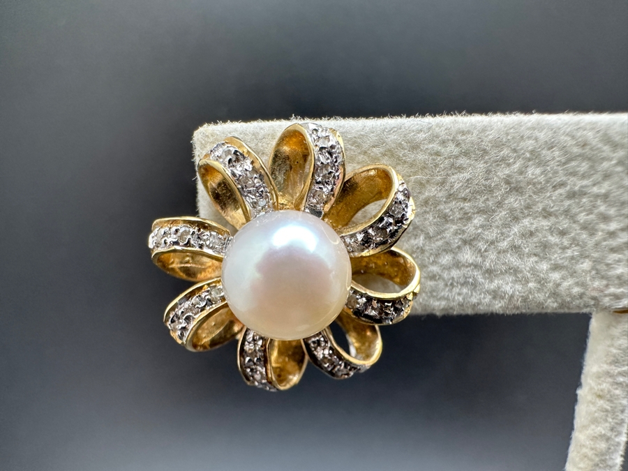 14K Gold Earrings (7.4g) with 8mm Cultured Pearls and ～.80 cttw Single Cut Diamonds FMV $800 Retail $1,600 [Photo 3]