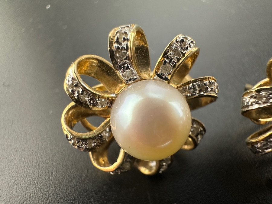 14K Gold Earrings (7.4g) with 8mm Cultured Pearls and ～.80 cttw Single Cut Diamonds FMV $800 Retail $1,600 [Photo 11]