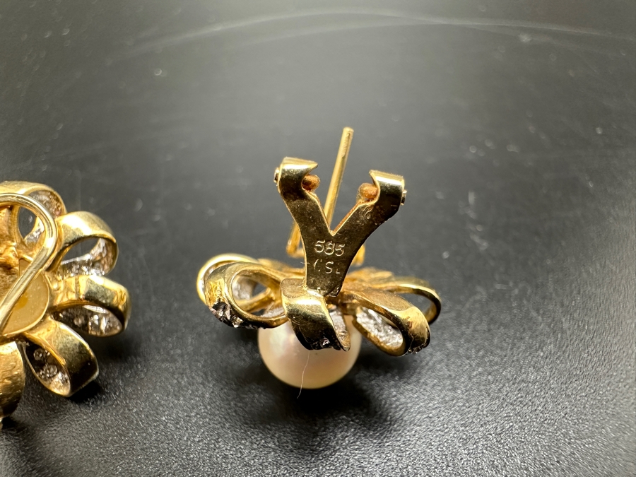 14K Gold Earrings (7.4g) with 8mm Cultured Pearls and ～.80 cttw Single Cut Diamonds FMV $800 Retail $1,600 [Photo 13]