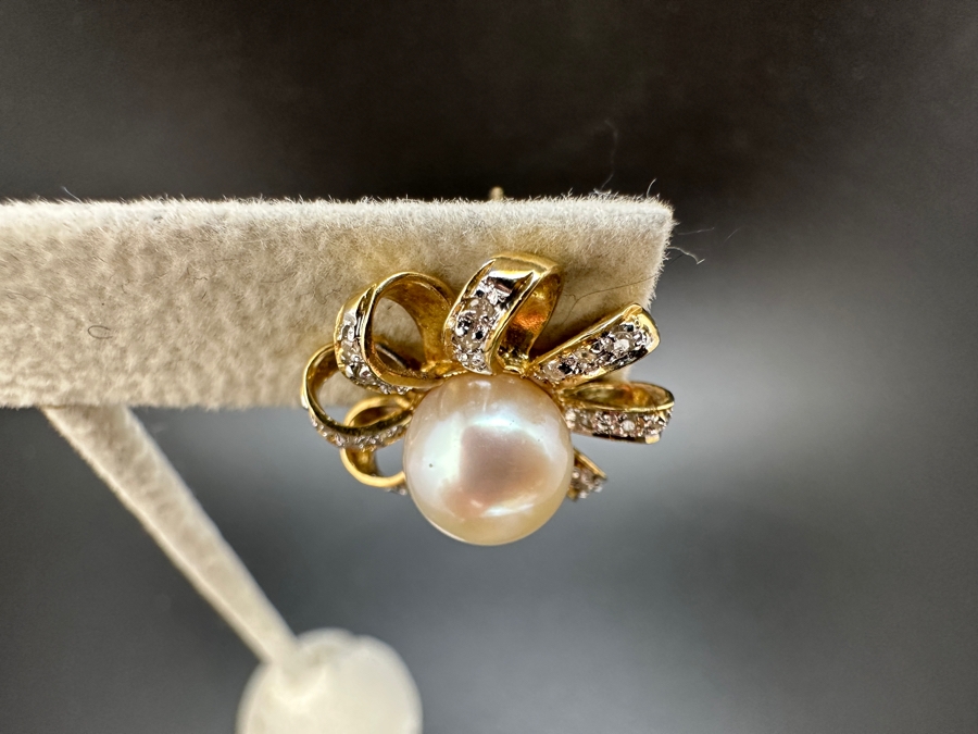 14K Gold Earrings (7.4g) with 8mm Cultured Pearls and ～.80 cttw Single Cut Diamonds FMV $800 Retail $1,600 [Photo 5]