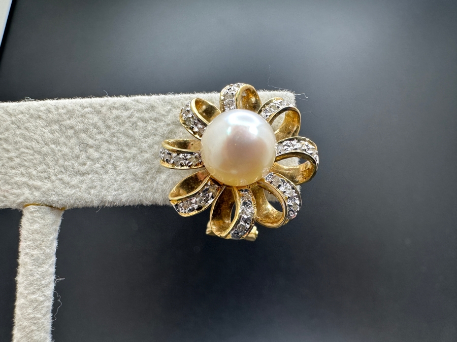 14K Gold Earrings (7.4g) with 8mm Cultured Pearls and ～.80 cttw Single Cut Diamonds FMV $800 Retail $1,600 [Photo 7]