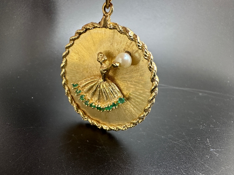Just Added - 14K Gold (13.4g) Ballerina Pendant with Pearl and 10 Emeralds FMV $900 Retail $1,800 [Photo 6]