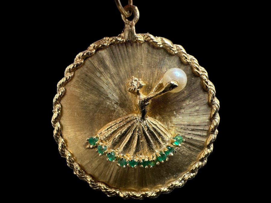 Just Added - 14K Gold (13.4g) Ballerina Pendant with Pearl and 10 Emeralds FMV $900 Retail $1,800 [Photo 2]