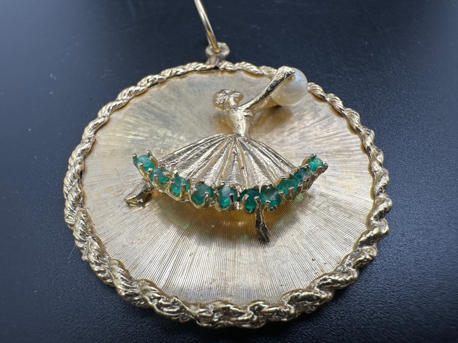 Just Added - 14K Gold (13.4g) Ballerina Pendant with Pearl and 10 Emeralds FMV $900 Retail $1,800 [Photo 3]