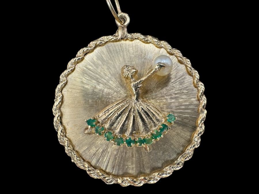 14K Gold (13.4g) Ballerina Pendant with Pearl and 10 Emeralds FMV $900 Retail $1,800