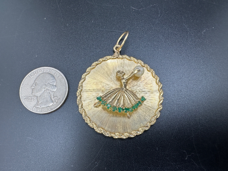 Just Added - 14K Gold (13.4g) Ballerina Pendant with Pearl and 10 Emeralds FMV $900 Retail $1,800 [Photo 9]