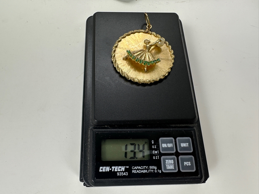 Just Added - 14K Gold (13.4g) Ballerina Pendant with Pearl and 10 Emeralds FMV $900 Retail $1,800 [Photo 10]