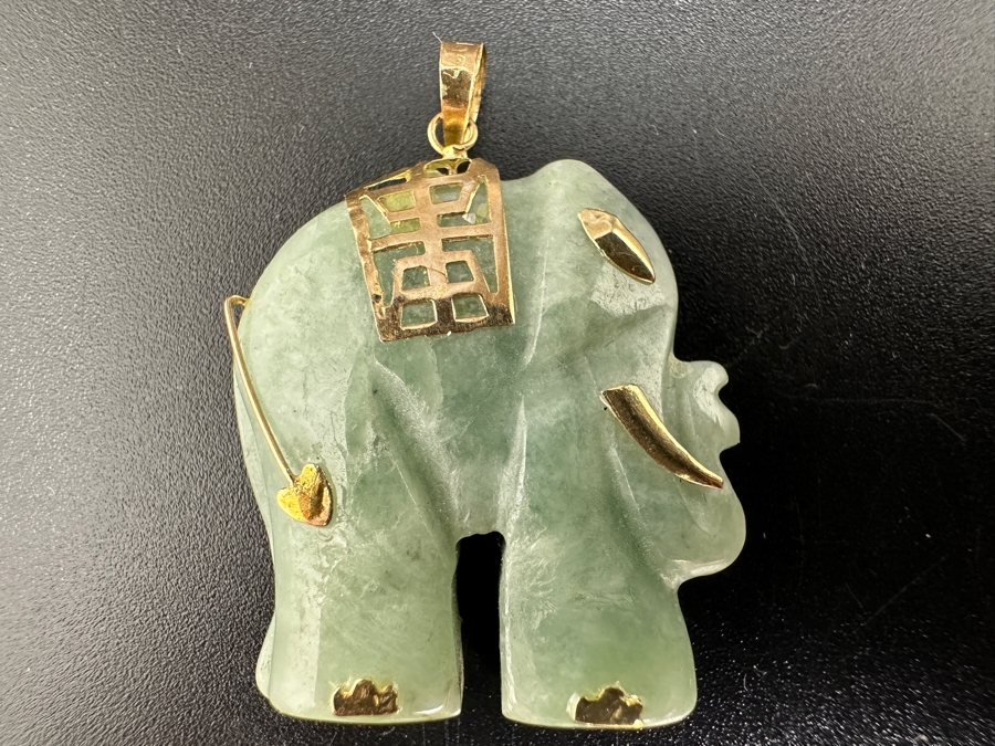 Carved Jade Elephant (7.8g) with 14K Gold Decorations FMV $100 Retail $200 [Photo 2]