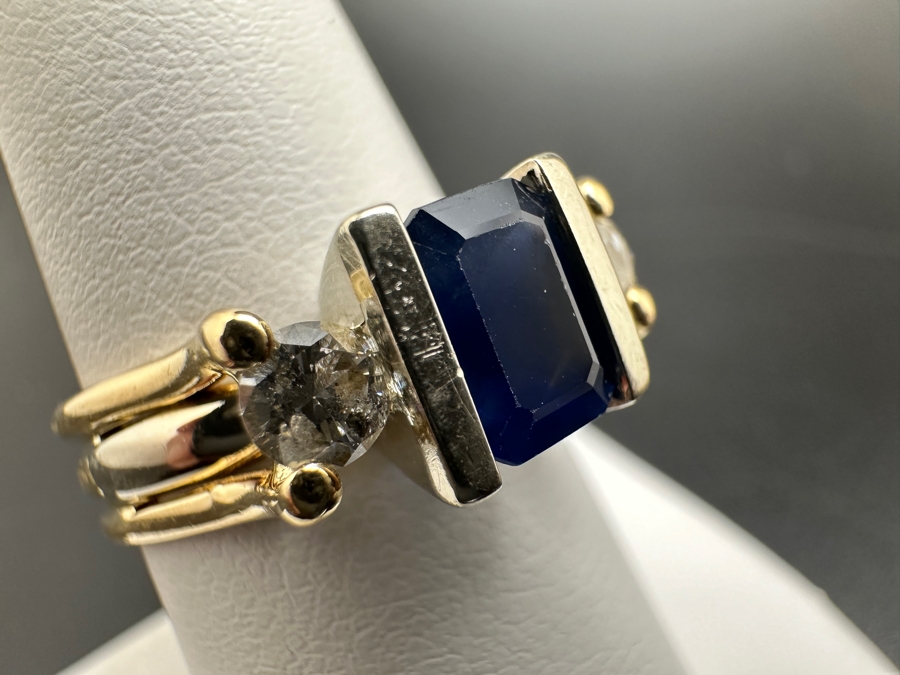 14K Gold Ring (5.9g) with Synthetic Sapphire and ～.50 cttw Diamonds (H-I Color SI² - I¹) Size 8 FMV $1,000 Retail $2,000 [Photo 6]