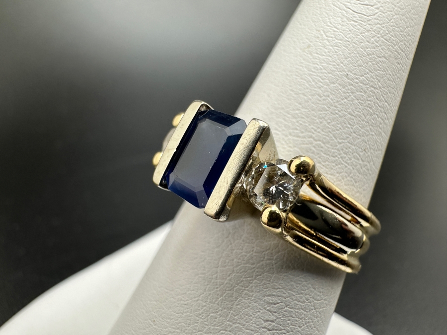 14K Gold Ring (5.9g) with Synthetic Sapphire and ～.50 cttw Diamonds (H-I Color SI² - I¹) Size 8 FMV $1,000 Retail $2,000 [Photo 13]