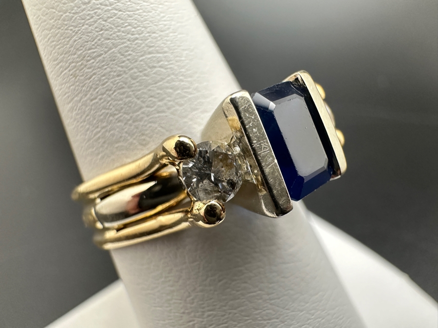 14K Gold Ring (5.9g) with Synthetic Sapphire and ～.50 cttw Diamonds (H-I Color SI² - I¹) Size 8 FMV $1,000 Retail $2,000 [Photo 5]