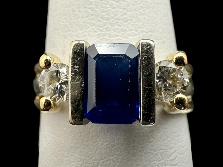 14K Gold Ring (5.9g) with Synthetic Sapphire and ～.50 cttw Diamonds (H-I Color SI² - I¹) Size 8 FMV $1,000 Retail $2,000