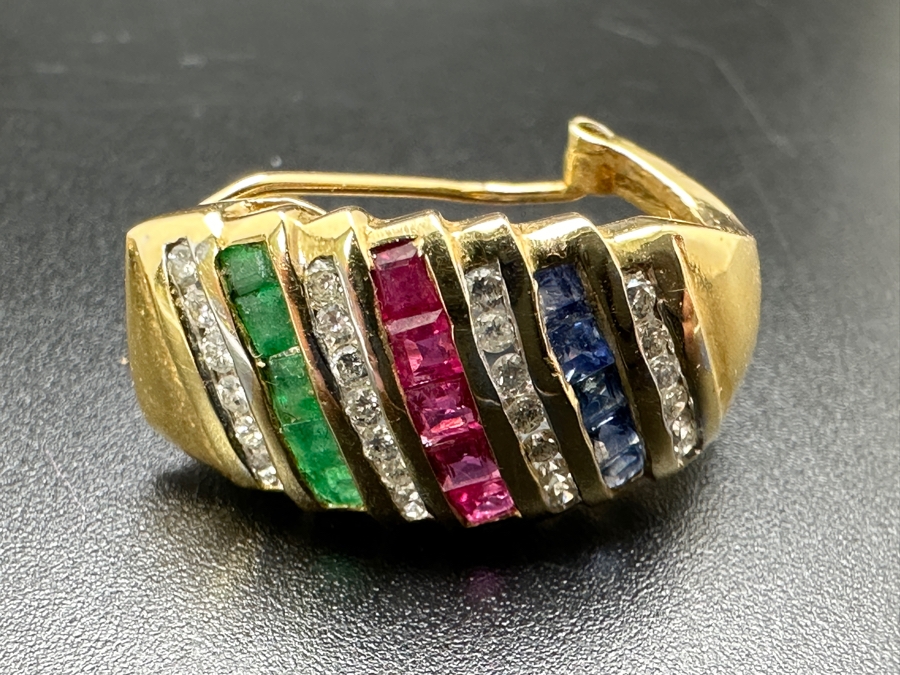 14K Gold and Precious Stone Earrings 7.4g ～.50 cttw Diamonds ～.30 cttw Sapphires ～.30 cttw Rubies ～.30 cttw Emeralds FMV $1,300 Retail $2,600 [Photo 16]