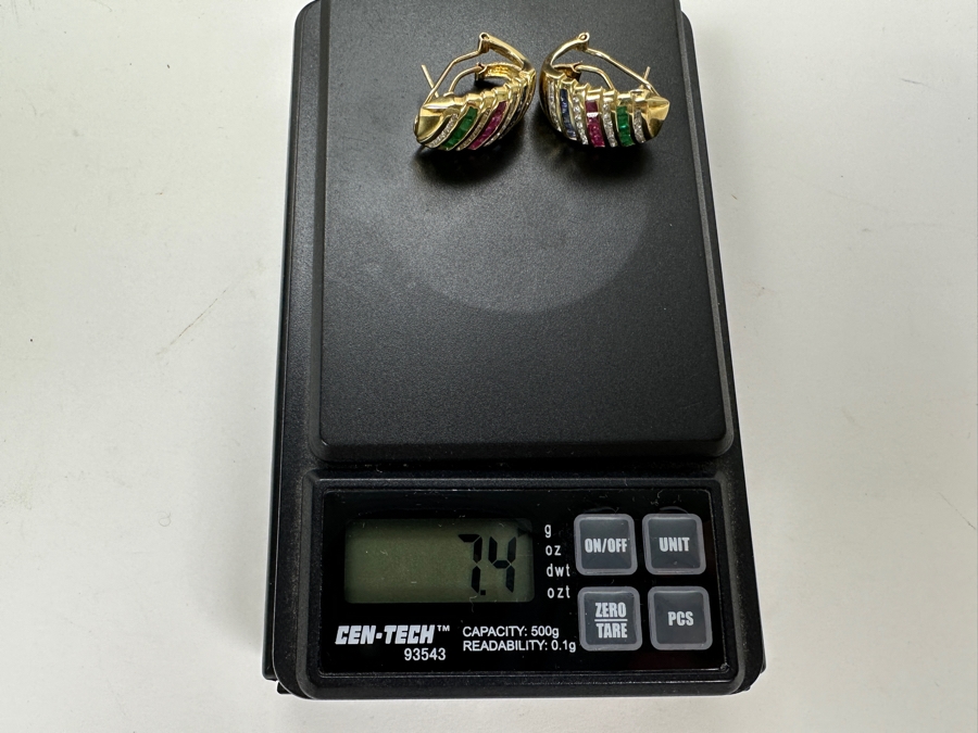 14K Gold and Precious Stone Earrings 7.4g ～.50 cttw Diamonds ～.30 cttw Sapphires ～.30 cttw Rubies ～.30 cttw Emeralds FMV $1,300 Retail $2,600 [Photo 18]