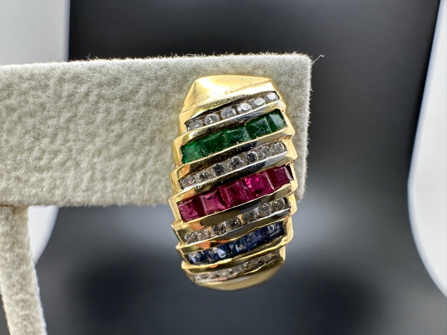 14K Gold and Precious Stone Earrings 7.4g ～.50 cttw Diamonds ～.30 cttw Sapphires ～.30 cttw Rubies ～.30 cttw Emeralds FMV $1,300 Retail $2,600 [Photo 4]