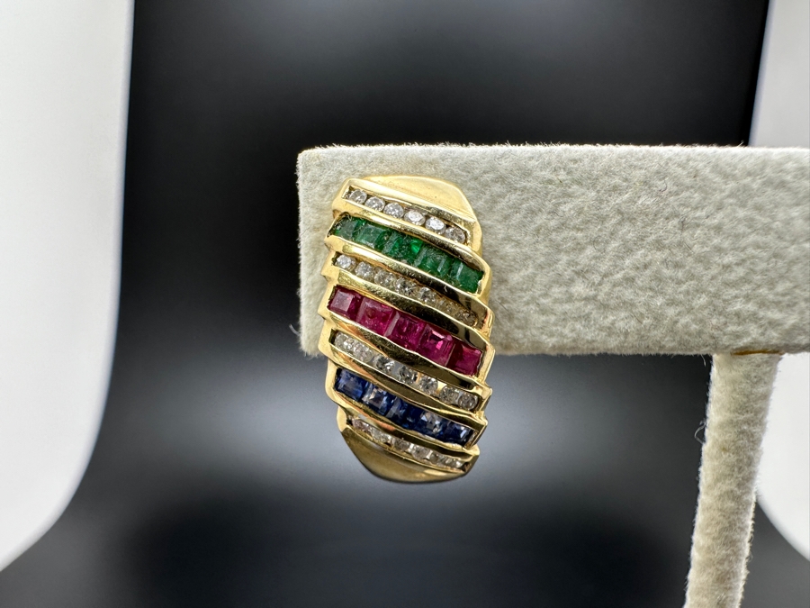 14K Gold and Precious Stone Earrings 7.4g ～.50 cttw Diamonds ～.30 cttw Sapphires ～.30 cttw Rubies ～.30 cttw Emeralds FMV $1,300 Retail $2,600 [Photo 3]