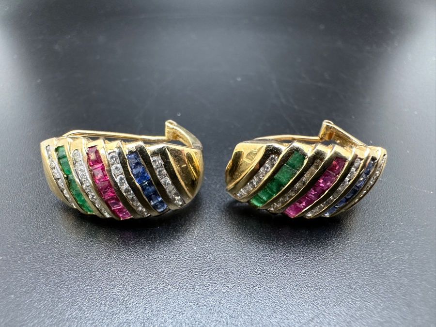 14K Gold and Precious Stone Earrings 7.4g ～.50 cttw Diamonds ～.30 cttw Sapphires ～.30 cttw Rubies ～.30 cttw Emeralds FMV $1,300 Retail $2,600 [Photo 8]