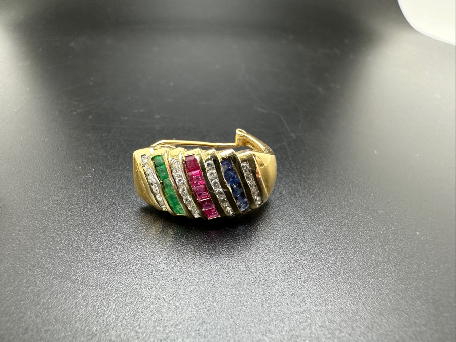 14K Gold and Precious Stone Earrings 7.4g ～.50 cttw Diamonds ～.30 cttw Sapphires ～.30 cttw Rubies ～.30 cttw Emeralds FMV $1,300 Retail $2,600 [Photo 17]