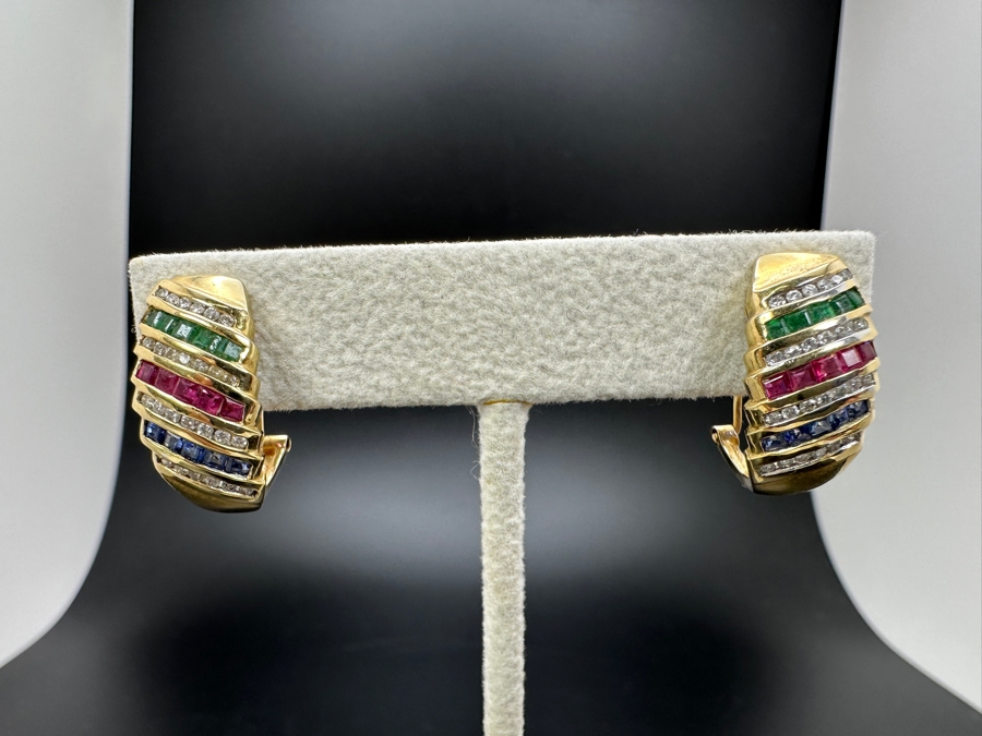 14K Gold and Precious Stone Earrings 7.4g ～.50 cttw Diamonds ～.30 cttw Sapphires ～.30 cttw Rubies ～.30 cttw Emeralds FMV $1,300 Retail $2,600 [Photo 2]