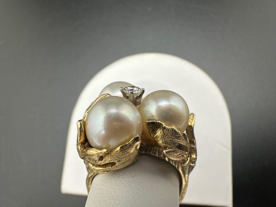 14K Gold Ring with (3) 8mm Cultured Pearls and ～.10 ct Diamond 10.5g [Photo 9]