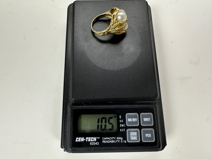 14K Gold Ring with (3) 8mm Cultured Pearls and ～.10 ct Diamond 10.5g [Photo 16]