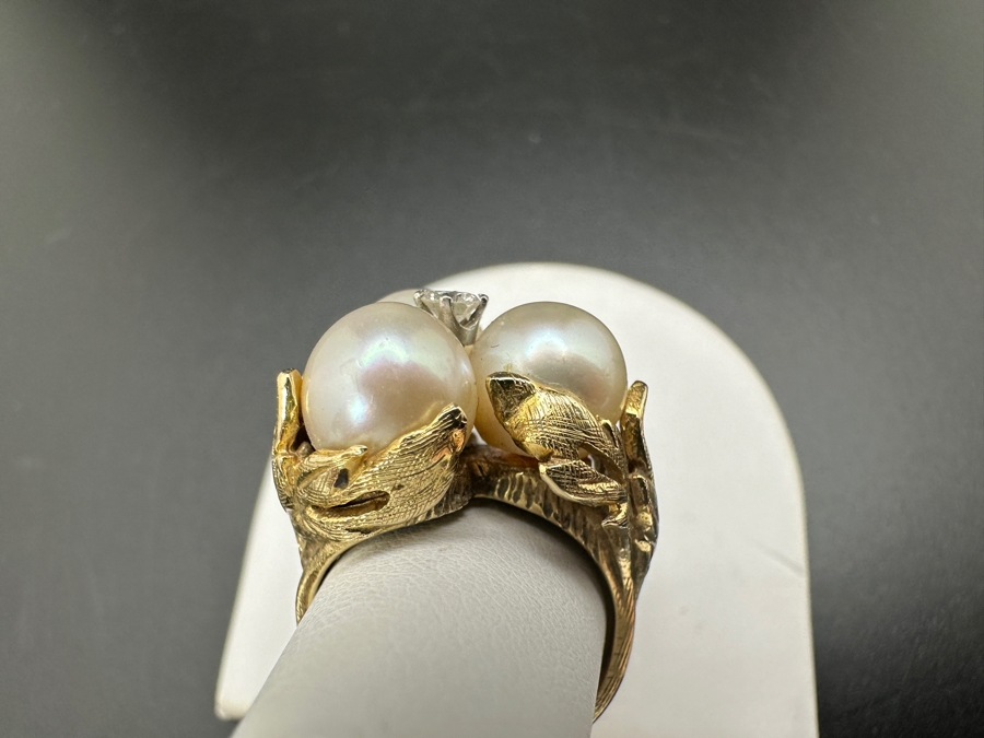 14K Gold Ring with (3) 8mm Cultured Pearls and ～.10 ct Diamond 10.5g [Photo 8]