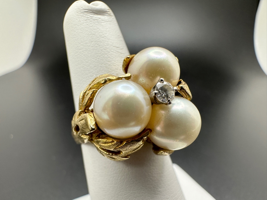 14K Gold Ring with (3) 8mm Cultured Pearls and ～.10 ct Diamond 10.5g [Photo 5]