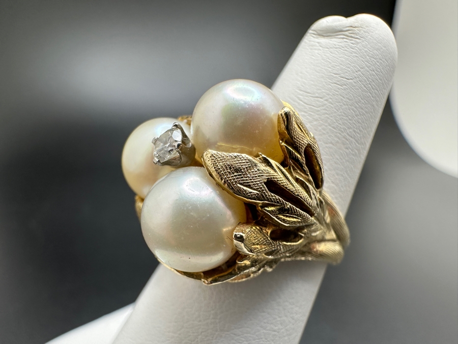 14K Gold Ring with (3) 8mm Cultured Pearls and ～.10 ct Diamond 10.5g [Photo 12]