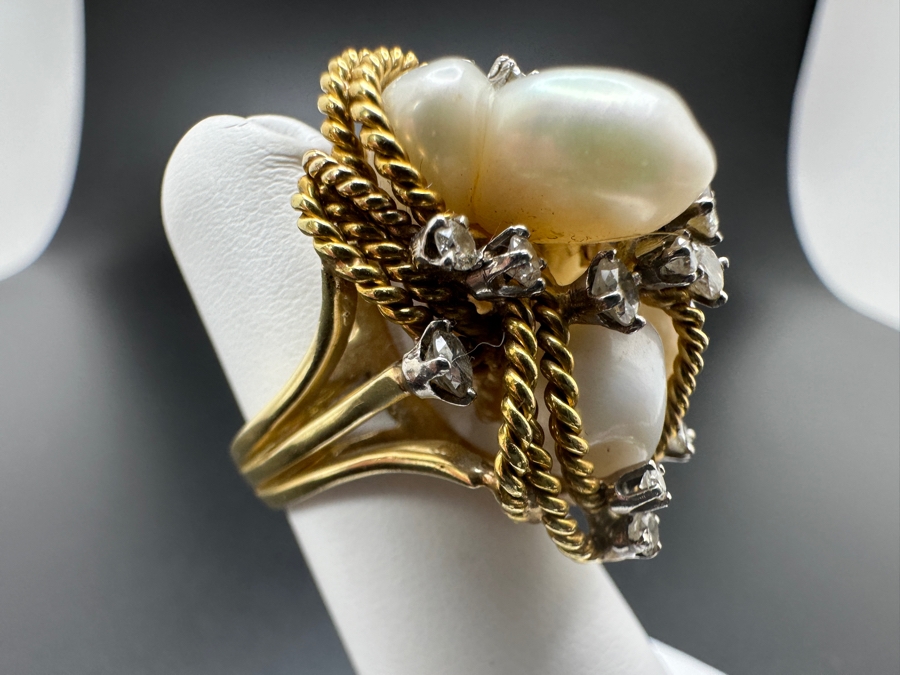 18K Gold Baroque Pearl Ring with ～1-1.25 cttw Diamond 19g Size 4 FMV $2,000 Retail $4,000 [Photo 6]