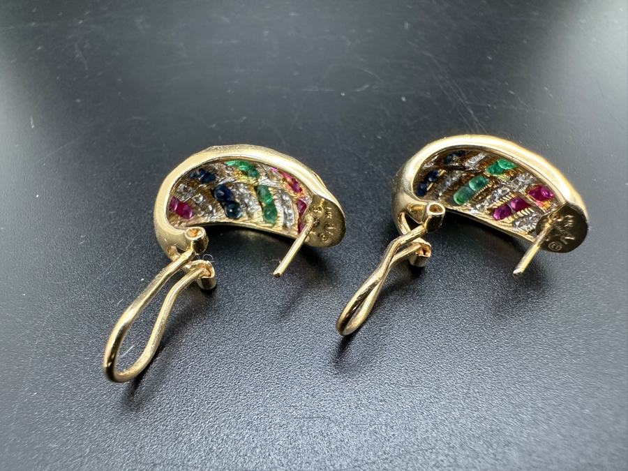 14K Gold and Precious Stone Earrings 7.2g ～.50 cttw Diamonds ～1.00 cttw Rubies ～1.00 cttw Sappphires ～.50 cttw Emeralds FMV $1,500 Retail $3,000 [Photo 7]
