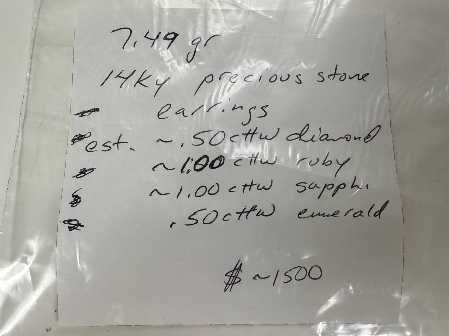 14K Gold and Precious Stone Earrings 7.2g ～.50 cttw Diamonds ～1.00 cttw Rubies ～1.00 cttw Sappphires ～.50 cttw Emeralds FMV $1,500 Retail $3,000 [Photo 15]