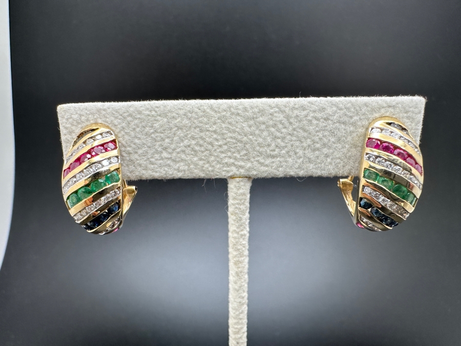 14K Gold and Precious Stone Earrings 7.2g ～.50 cttw Diamonds ～1.00 cttw Rubies ～1.00 cttw Sappphires ～.50 cttw Emeralds FMV $1,500 Retail $3,000 [Photo 3]