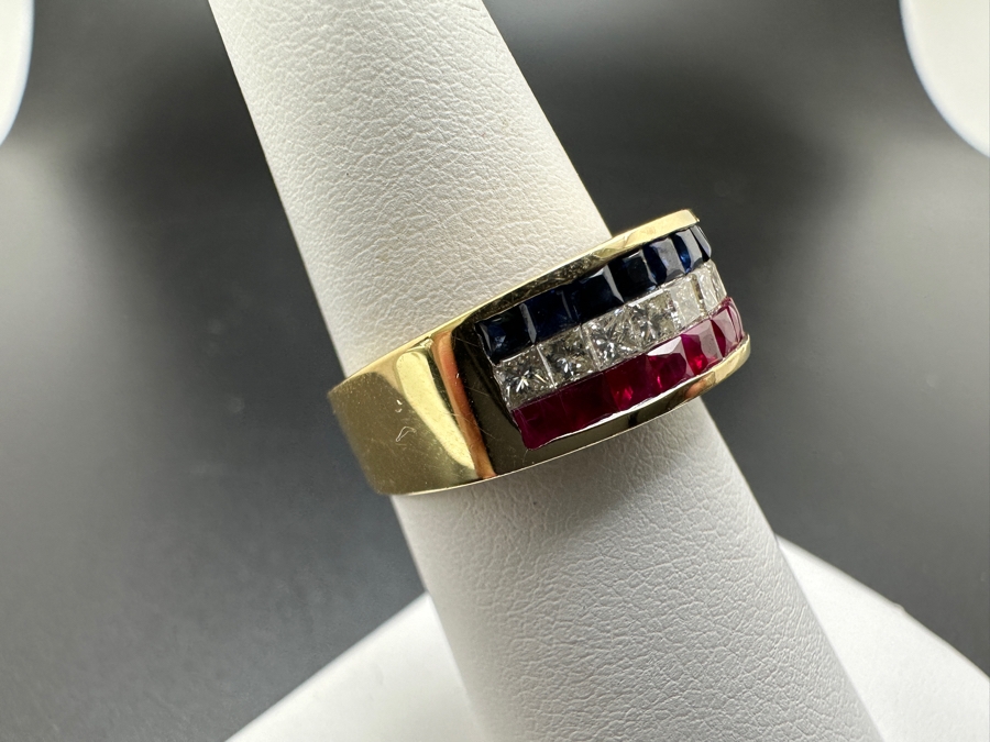 14K Gold Ring with ～.50 cttw Diamonds ～.50 cttw Sapphires ～.50 cttw Rubies 6.2g Size 6.5 FMV $1,400 Retail $2,800 [Photo 4]