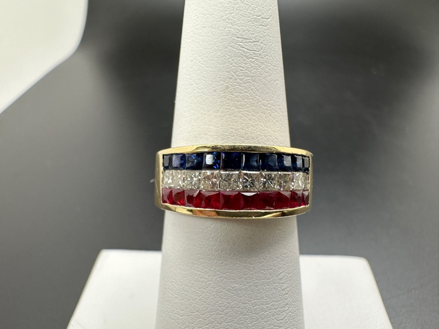 14K Gold Ring with ～.50 cttw Diamonds ～.50 cttw Sapphires ～.50 cttw Rubies 6.2g Size 6.5 FMV $1,400 Retail $2,800 [Photo 2]