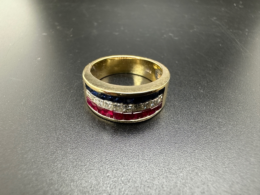 14K Gold Ring with ～.50 cttw Diamonds ～.50 cttw Sapphires ～.50 cttw Rubies 6.2g Size 6.5 FMV $1,400 Retail $2,800 [Photo 7]