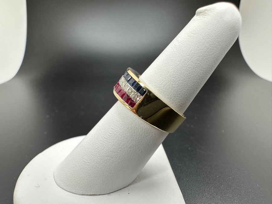 14K Gold Ring with ～.50 cttw Diamonds ～.50 cttw Sapphires ～.50 cttw Rubies 6.2g Size 6.5 FMV $1,400 Retail $2,800 [Photo 5]