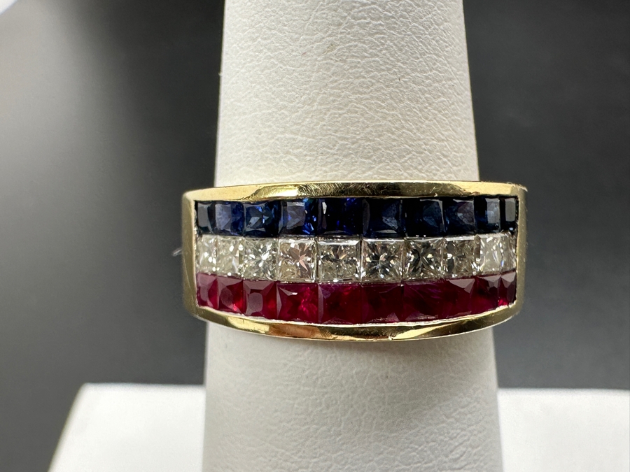 14K Gold Ring with ～.50 cttw Diamonds ～.50 cttw Sapphires ～.50 cttw Rubies 6.2g Size 6.5 FMV $1,400 Retail $2,800 [Photo 3]