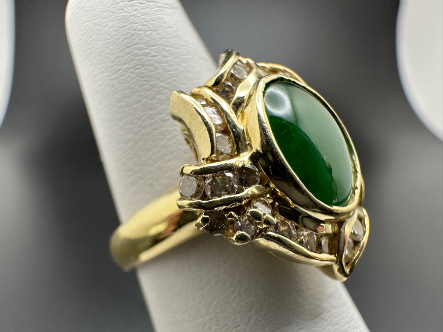 14K Gold Jade and Diamond Ring 6.9g .60 cttw Diamonds Size 5.5 FMV $1,200 Retail $2,400 [Photo 5]