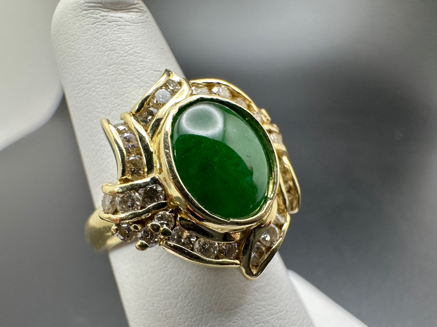 14K Gold Jade and Diamond Ring 6.9g .60 cttw Diamonds Size 5.5 FMV $1,200 Retail $2,400 [Photo 4]