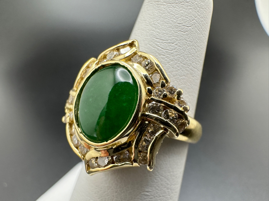 14K Gold Jade and Diamond Ring 6.9g .60 cttw Diamonds Size 5.5 FMV $1,200 Retail $2,400 [Photo 8]