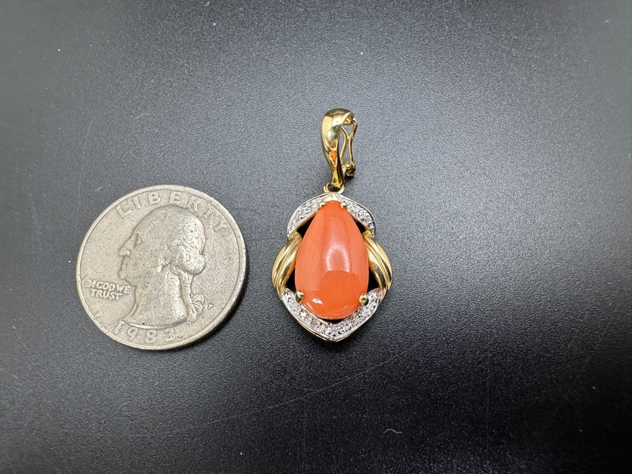 14K Gold Pink Coral Pendant with ～.08 cttw Diamonds 3.4g FMV $300 Retail $600 [Photo 12]