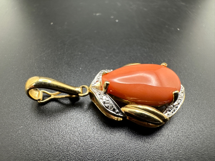 14K Gold Pink Coral Pendant with ～.08 cttw Diamonds 3.4g FMV $300 Retail $600 [Photo 7]