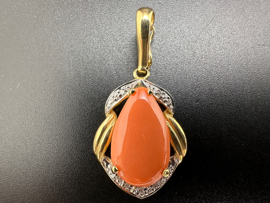 14K Gold Pink Coral Pendant with ～.08 cttw Diamonds 3.4g FMV $300 Retail $600 [Photo 3]
