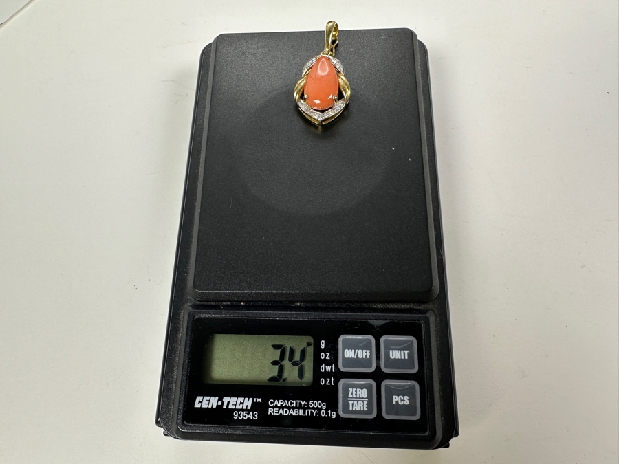 14K Gold Pink Coral Pendant with ～.08 cttw Diamonds 3.4g FMV $300 Retail $600 [Photo 13]