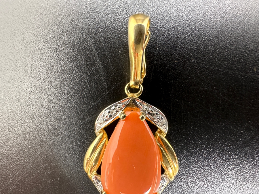 14K Gold Pink Coral Pendant with ～.08 cttw Diamonds 3.4g FMV $300 Retail $600 [Photo 6]