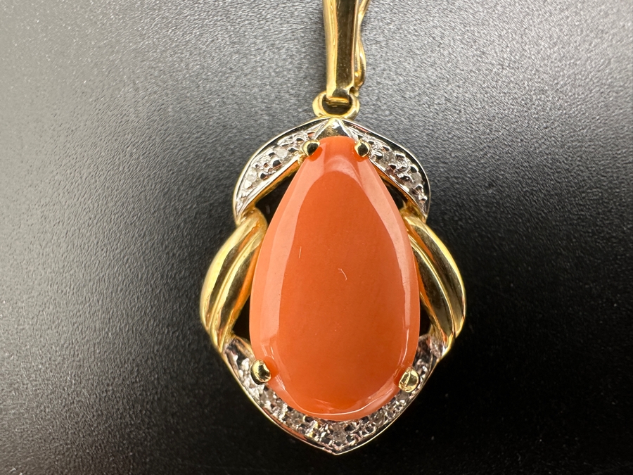 14K Gold Pink Coral Pendant with ～.08 cttw Diamonds 3.4g FMV $300 Retail $600 [Photo 4]
