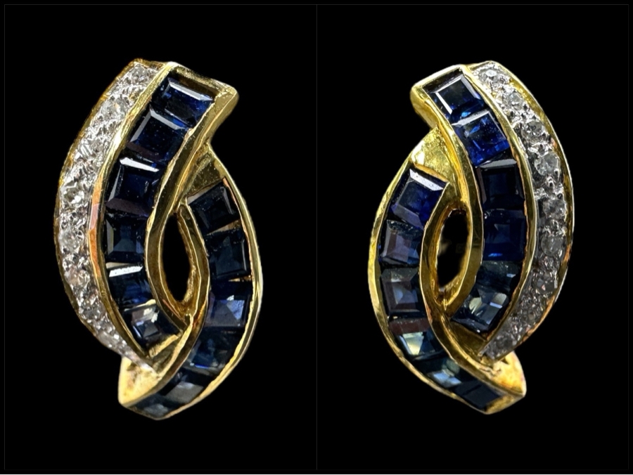 14K Gold Blue Sapphire and Diamond Earrings 4.6g 1.50 cttw Sapphires .20 cttw Diamonds FMV $1,275 Retail $2,550