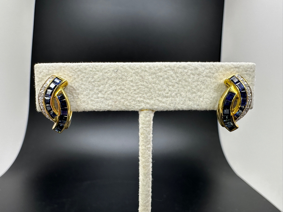 14K Gold Blue Sapphire and Diamond Earrings 4.6g 1.50 cttw Sapphires .20 cttw Diamonds FMV $1,275 Retail $2,550 [Photo 2]