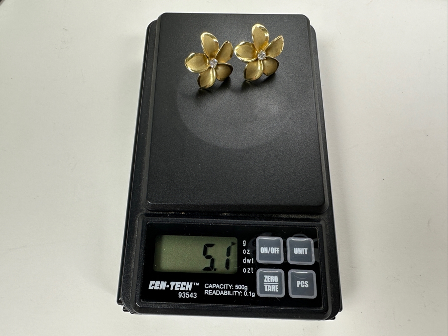 14K Gold Plumeria Earrings with Natural Diamonds G-H Color SI² ～.20 cttw 5.1g FMV $700 Retail $1,400 [Photo 8]