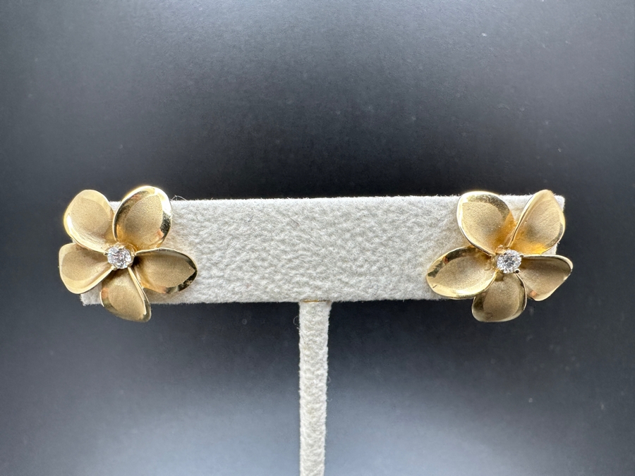 14K Gold Plumeria Earrings with Natural Diamonds G-H Color SI² ～.20 cttw 5.1g FMV $700 Retail $1,400 [Photo 2]